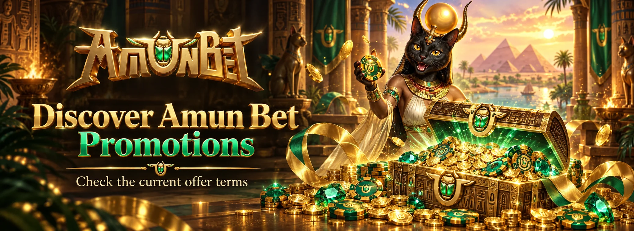 Amun Bet promotions scene with Egyptian treasure and a golden scarab