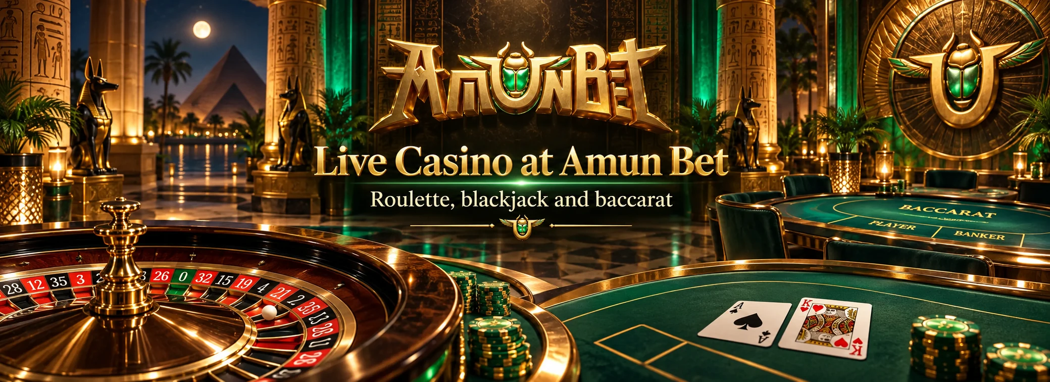 Amun Bet live casino scene with a roulette wheel, cards and Egyptian gold details